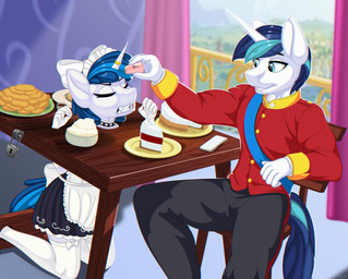 anthro anthrofied black_pepper blue_eyes blue_hair bottomwear bound bound_male bow_(feature) cake choker clenched_teeth clothing crossdressing_male cutlery dairy_products dessert duo eyes_closed food hair horn jewelry kitchen_utensils kneeling legwear lock maid_apron maid_headdress maid_uniform male military_uniform necklace padlock pants redcoat restraints sash stockings stocks teeth tools uniform whipped_cream white_body up1ter friendship_is_magic hasbro my_little_pony mythology fan_character feathertrap_(oc) shining_armor_(mlp) equid equine mammal mythological_creature mythological_equine unicorn absurd_res hi_res