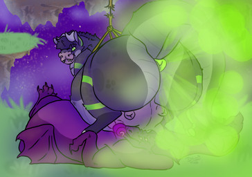 4_eyes anus belly big_butt black_body black_fur butt duo fart fart_cloud fart_fetish feral fur green_anus green_eyes green_fart_cloud green_markings male markings multi_eye overweight puffy_anus purple_body purple_eyes purple_scales raised_tail scales tail teats udders dilla-croc mythology bovid bovine cattle dragon hybrid mammal mythological_creature mythological_scalie scalie hi_res