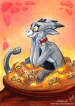 abstract_background anthro coin collar ears_back female gold_(metal) grey_body heart_pendant horn looking_down pivoted_ears red_collar scales sitting slim slim_female solo treasure yellow_eyes stirren kuki kobold scalie absurd_res hi_res