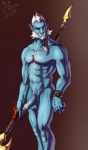 abs animal_genitalia anthro balls beard biceps biped blue_body blue_fur bracelet erection facial_hair foreskin fur genitals hair holding_object holding_weapon humanoid_genitalia humanoid_penis jewelry male melee_weapon muscular muscular_anthro muscular_male nipples nude pecs penis polearm pose presenting pubes sheath solo spear standing vein weapon white_hair wristband mickey_the_retriever dota valve azwraith_the_phantom_lancer 2013 hi_res