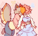 4_arms anthro bent_over breasts clothed clothing crop_top dress duo female floppy_ears fluffy fluffy_tail hair hair_over_eyes heart_symbol hug hugging_another hugging_from_behind love multi_arm multi_limb one_leg_up raised_leg romantic romantic_couple shirt simple_background surprise surprise_hug surprised_expression tail tail_motion tailwag topwear kittencrumb string_(kittencrumb) arachnid arthropod canid canine domestic_cat felid feline felis fox hybrid mammal spider digital_media_(artwork) hi_res procreate_(artwork) shaded soft_shading