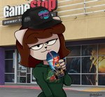 2000s_theme anthro baseball_cap beverage brown_hair clothing female fur hair hat headgear headwear hoodie photo_background solo tan_body tan_fur topwear astralgloom a_kitty_bobo_show gamestop halo_(series) microsoft mountain_dew xbox_game_studios maggie_(kitty_bobo) domestic_cat felid feline felis mammal 2021 hi_res mixed_media photography_(artwork)