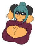 anthro breasts cleavage cleavage_cutout clothed clothing cutout eyewear female glasses hair keyhole_turtleneck smile solo sweater topwear turtleneck jwinkz zoey_(jwinkz) canid canine canis domestic_dog mammal hi_res