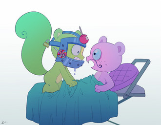 3_fingers apple bed big_tail bodily_fluids buckteeth candy candy_apple dessert drooling duo fingers food fruit furniture green_body lock lollipop lying on_back on_bed open_mouth plant purple_body saliva semi-anthro smile sweat sweatdrop tail teeth x-zeeko-x happy_tree_friends nutty_(htf) toothy_(htf) beaver mammal rodent sciurid tree_squirrel