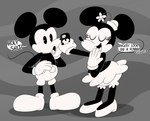 5_fingers anthro big_ears bloomers bottomwear cellphone clothed clothing dialogue duo electronics eyelashes female fingers gloves handwear hat headgear headwear male open_mouth open_smile phone profanity rubberhose shorts skirt smartphone smile text thin_calves thin_legs thin_thighs toony topless topless_anthro topless_male 3barts disney steamboat_willie mickey_mouse minnie_mouse mammal mouse murid murine rodent 2024 absurd_res black_and_white english_text hi_res monochrome