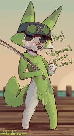 anthro balls baseball_cap bodily_fluids clothing fishing_rod flaccid foreskin fur genitals gesture green_body green_fur hand_gesture handjob_gesture hat headgear headwear humanoid_genitalia humanoid_penis male mostly_nude multicolored_body penis pleading_eyes solo suggestive suggestive_gesture text two_tone_body unretracted_foreskin impwolsniw webfishing canid canine fox mammal absurd_res hi_res