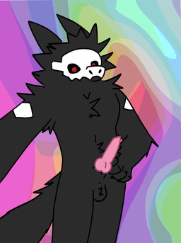 animal_genitalia anthro black_body black_fur bone bone_mask camera fur genitals holding_camera holding_object knot knotted_penis male mask penis pink_penis pose red_eyes sheath short_anthro simple_background skull skull_mask solo toony hashcore tales_of_engerand ixin_targz canid canine canis computer_virus_(species) jackal mammal skulldog_(species) absurd_res hi_res
