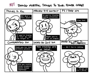 blush bodily_fluids chart duo insult looking_at_viewer male not_furry plant solo_focus sweat text cutecatdoodles cutemon_(artist) undertale undertale_(series) waifu_chart flowey_the_flower elemental_creature flora_fauna black_and_white digital_drawing_(artwork) digital_media_(artwork) english_text hi_res meme monochrome