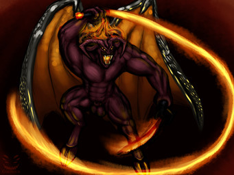 4_eyes abs animal_genitalia anthro balls biped cloven_hooves fangs fiery_eyes fully_sheathed genitals glowing glowing_mouth hooves horn magic_weapon male male_anthro melee_weapon multi_eye muscular muscular_male open_mouth pecs pose sheath solo sword teeth unguligrade weapon whip wings corinoch_(artist) j._r._r._tolkien middle-earth_(tolkien) balor balrog_(the_lord_of_the_rings)