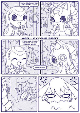 :d ^_^ anthro blush border breasts collar cross-popping_vein cutlery detailed_background dialogue eyes_closed facial_markings female female_anthro food forehead_markings frown grass group hair head_markings holding_food holding_object holding_spoon kemono kitchen_utensils looking_at_another machine male male_anthro markings open_mouth open_smile outside park plant shrub sky smile solo speech_bubble spoon stalking standing teeth text thanking tools tree trio upper_teeth_only vehicle walking white_border cyyeun xen_(series) fio_(xen) izzy_(xen) switch_(xen) ambient_bird lagomorph leporid mammal rabbit robot robot_anthro 2007 blue_and_white blue_monochrome comic dated english_text monochrome