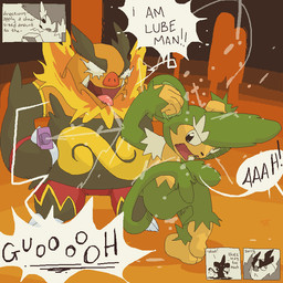 anthro dialogue duo fire flaming_hair flaming_mane fur green_body green_fur lube male pseudo_hair pseudo_mane tail text argon_vile nintendo pokemon emboar generation_5_pokemon haplorhine mammal monkey pokemon_(species) primate simisage 1:1 aliasing digital_media_(artwork) english_text