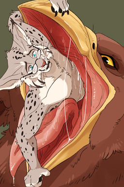 anthro bodily_fluids claws duo eyewear fluffy glasses male male/male open_mouth oral_vore saliva spots tongue vore swampjaws synx_(synxthelynx) avian felid feline lynx mammal 2021 hi_res