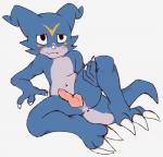 animal_genitalia anthro anus blue_body blue_skin blush claws erection genital_slit genitals half-closed_eyes male narrowed_eyes penis presenting raised_leg reclining simple_background solo spread_legs spreading toe_claws feline-fattale bandai_namco digimon digimon_(species) veemon hi_res