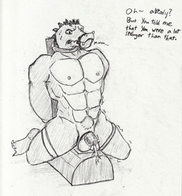 abs anthro balls bdsm bodily_fluids bondage bound chastity_cage chastity_device collar cum cum_while_chaste cum_while_penetrated ejaculation forced forced_orgasm gag gagged genital_fluids genitals male muscular muscular_anthro muscular_male offscreen_character offscreen_dominant orgasm penetration sex_toy solid_chastity_cage solo sybian text wearing_chastity_cage wearing_chastity_device gueststar crocodilian humanoid reptile scalie english_text graphite_(artwork) hi_res traditional_media_(artwork)
