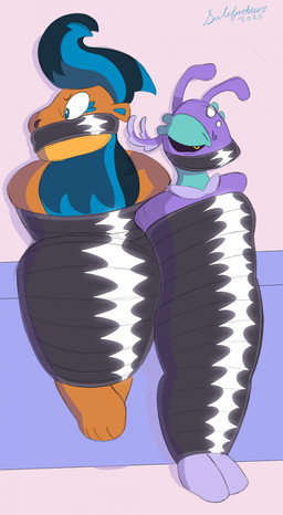 ambiguous_gender anthro arms_tied bdsm black_sclera blue_hair bondage bound broslidon distressed frustrated hair legs_tied multicolored_hair mummification psylusc tape tape_bondage white_sclera seelefucheur_(artist) beastieball beastie_(species) absurd_res hi_res
