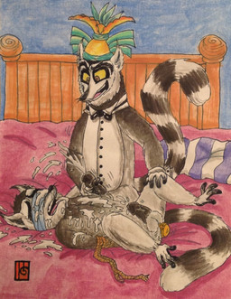 anal anal_penetration anthro apron arms_tied balls bdsm bed black_penis blindfold bodily_fluids bondage bound clothed clothing crown cum cum_on_body cum_on_face cumshot duo ejaculation evil_grin furniture genital_fluids genitals headgear looking_at_another looking_at_partner lying male male/male nude object_in_ass on_back open_mouth outercourse penetration penis raised_tail rope sex sex_toy sex_toy_in_ass sex_toy_insertion smile tail teeth vibrator vibrator_in_ass puku83 all_hail_king_julien dreamworks madagascar_(series) king_julien magic_steve lemur mammal primate ring-tailed_lemur strepsirrhine 2016 hi_res traditional_media_(artwork)