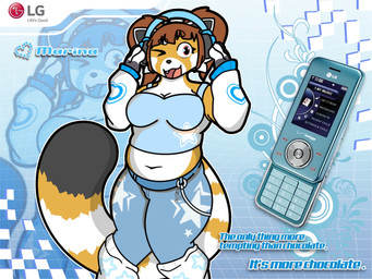 advertisement anthro arm_warmers armwear blue_background blue_clothing blue_text bottomwear brown_hair chain chain_jewelry clothed clothing crop_top denim denim_bottomwear denim_clothing electronics female frutiger_metro fur fur_markings hair headgear headphones headwear heart_symbol holding_object jeans leg_warmers legwear looking_away markings navel one_eye_closed open_mouth open_smile orange_body overweight overweight_female pants phone phone_screen shirt simple_background smile solo star_symbol text topwear wink y2k_(fashion) y2k_(graphic_design) bugisinx_(artist) ailurid humanoid mammal red_panda 4:3 hi_res