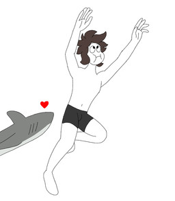 ambiguous_feral ambiguous_gender biped black_bottomwear black_clothing bottomwear brown_hair clothing duo feral grey_body hair heart_symbol latex male male_human swimming_trunks swimwear white_body sinful_drawz changed_(video_game) lin_(changed) tiger_shark_(changed) aquatic fish human mammal shark
