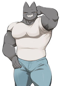 anthro armpit_hair biceps big_muscles blush bodily_fluids body_hair bottomwear clothed clothing denim denim_bottomwear denim_clothing eyes_closed fur grey_body grey_fur grin jeans male muscular muscular_male pants pecs sharp_teeth shirt smile solo sweat t-shirt teeth topwear white_clothing white_shirt white_topwear oyasmis domestic_cat felid feline felis mammal hi_res