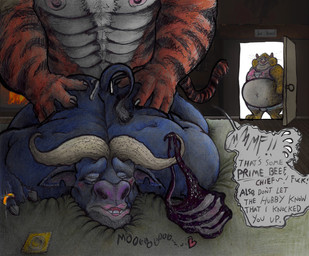 anal anthro bareback bodily_fluids clothing condom countershading cuckold cum cum_in_ass cum_inside dialogue digit_ring doggystyle drunk_sex eyebrows eyes_closed from_behind_position fucked_silly genital_fluids group horn infidelity jewelry looking_pleasured lying male male/male nude obscured_anal obscured_penetration obscured_sex orgasm orgasm_face panties raised_eyebrows raised_tail ring sex sexual_barrier_device tail text trio underwear verbal wedding_ring yagi_b._(artist) disney zootopia benjamin_clawhauser chief_bogo bovid bovine cape_buffalo cheetah felid feline mammal pantherine tiger absurd_res english_text hi_res