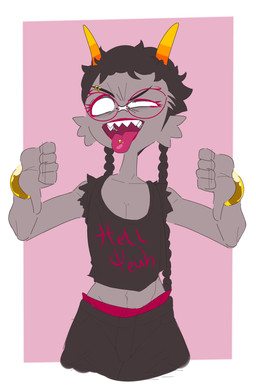 clothed clothing eyewear female gesture glasses hand_gesture not_furry piercing solo thumbs_down tongue tongue_piercing wearing_glasses weeeeps homestuck ms_paint_adventures meenah_peixes alien alien_humanoid humanoid troll_(homestuck) 2020 hi_res
