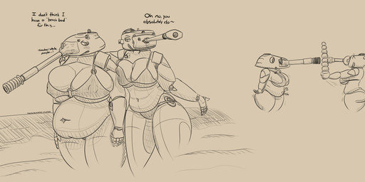anthro beach belly big_belly big_breasts bikini blush breast_squish breasts chibi clothing deep_navel dessert dialogue duo female food hand_on_shoulder ice_cream insecure machine navel nipple_outline rumbling_stomach size_difference squish swimwear tank_(vehicle) text two-piece_swimsuit vehicle wide_hips panzerschreckleopard m26_pershing t-10_(tank) nadia_(panzerschreckleopard) scarlett_(panzerschreckleopard) living_machine living_tank living_vehicle 2026 absurd_res english_text hatching_(art) hi_res monochrome shaded