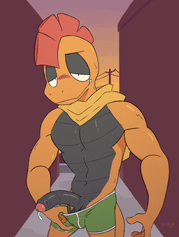 abs alley anthro athletic balls bedroom_eyes blush blush_lines bodily_fluids bottomwear boxer_briefs clothed clothing detailed_background foreskin genital_fluids genitals glistening glistening_genitalia glistening_penis green_clothing green_underwear half-closed_eyes half-erect hood humanoid_genitalia humanoid_penis imminent_sex looking_at_viewer male multicolored_body narrowed_eyes navel orange_body partially_clothed pecs penis precum seductive smile solo sunset sweat tail teasing topless topless_anthro topless_male underwear underwear_down underwear_only cosmicbologni nintendo pokemon generation_5_pokemon pokemon_(species) scalie scrafty 2023 digital_media_(artwork) hi_res watermark