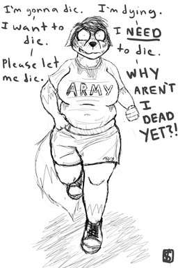 anthro army belly big_breasts bodily_fluids breasts clothed clothing exercise female jogging military running shirt simple_background slightly_chubby soldier solo sweat text text_on_clothing text_on_shirt text_on_topwear topwear warrior komododad peggy_patterson canid canine fox mammal 2018 2:3 black_and_white comic english_text hi_res monochrome