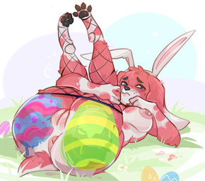 anthro anus big_anus big_breasts big_butt blush blush_lines bodypaint breasts butt clothing easter_egg egg fake_ears fake_rabbit_ears female fishnet_clothing fishnet_legwear fur genitals grass holidays legs_up legwear looking_at_viewer lying nipples nude on_back paws pink_body pink_fur plant short_tail shy solo tail thick_thighs vulva wide_hips faeyyaa easter rose_(mootsncompany) beagle canid canine canis domestic_dog hunting_dog mammal scent_hound absurd_res hi_res