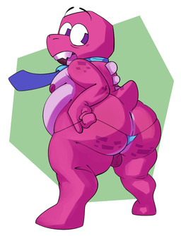 accessory anthro backsack balls big_butt butt clothing countershading genitals learnosaurus magenta_body male moobs necktie pink_body scales shortstack simple_background slightly_chubby solo surprised tail thong toony underwear wide_hips cosmorat gameoverse glitch_productions gobbles_(gameoverse) dinosaur prehistoric_species reptile saurischian scalie theropod tyrannosaurid tyrannosauroid tyrannosaurus tyrannosaurus_rex hi_res