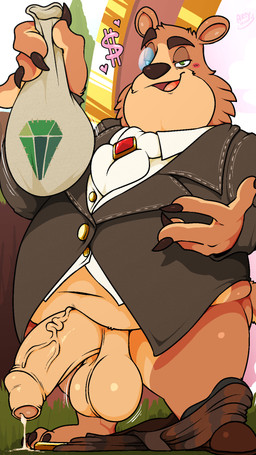 anthro balls belly big_balls big_belly big_penis bodily_fluids bottomwear bottomwear_down clothed clothing eyewear foreskin fur genital_fluids genitals green_eyes heart_symbol looking_at_viewer male monocle navel overweight overweight_anthro overweight_male pants pants_down partially_clothed penis solo topwear vein veiny_penis arty_the_frog activision mythology spyro_the_dragon moneybags_(spyro) bear mammal 9:16 digital_media_(artwork) hi_res