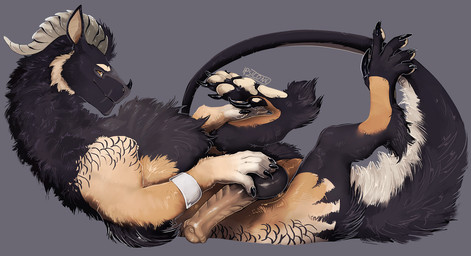 animal_genitalia animal_penis arm_tuft balls black_body black_claws black_fur black_penis brown_body brown_fur cheek_tuft claws closed_smile digitigrade elbow_tuft equine_genitalia equine_penis erection facial_horn facial_tuft feral finger_claws fluffy fur genitals grey_background holding_own_penis holding_penis horn hybrid_genitalia hybrid_penis knot knotted_equine_penis knotted_penis looking_at_viewer lying male male_feral mouth_closed multicolored_body multicolored_fur multicolored_penis nose_horn on_back pawpads penis ridged_penis simple_background smile solo tail tan_balls tan_pawpads tan_penis toe_claws tuft urethra white_body white_fur wristband yellow_eyes i-psilone ember_(trey.embershade) felkin 2022 hi_res