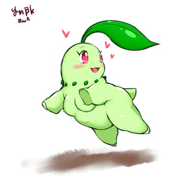 blush breasts busty_feral female female_feral feral green_body heart_symbol leaf nipples nude plant red_eyes simple_background smile solo white_background ymbk nintendo pokemon chikorita generation_2_pokemon pokemon_(species)