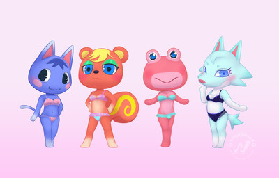 :3 anthro blush bra chibi clothing female gradient_background group looking_at_viewer panties simple_background standing underwear nyoronyan animal_crossing nintendo caroline_(animal_crossing) puddles_(animal_crossing) rosie_(animal_crossing) whitney_(animal_crossing) amphibian canid canine canis domestic_cat felid feline felis frog mammal rodent sciurid tree_squirrel wolf absurd_res hi_res