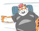 anthro belly big_belly clothing eyes_closed hair kemono lying male overweight pillow pink_nose red_hair shirt solo topwear inunoshippo felid mammal pantherine tiger 2024 hi_res