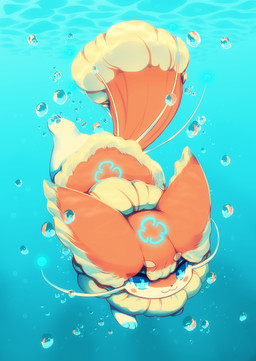 ambiguous_gender back_markings big_ears blue_background blue_eyes blue_pawpads bubble chibi facial_markings feral floating floral_markings forehead_markings head_markings long_tail markings nude pawpads simple_background solo tail underwater upside_down water kemopudding jellidog absurd_res hi_res