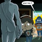 angry anthro butt group humor male nude sculpture statue tasteful_nudity text woodenplankstudios animal_crossing david_(michelangelo) nintendo peewee_(animal_crossing) villager_(animal_crossing) ape gorilla haplorhine human mammal primate 1:1 comic english_text hi_res meme