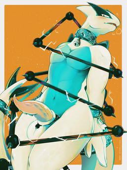 animal_genitalia anthro anthrofied balls bell bell_collar big_hands blue_body chain collar countershade_torso countershading cuff_(restraint) electricity erection fin furgonomic_piercing furgonomics genital_piercing genitals handcuffs male metal_collar metal_cuffs navel nude one_fang open_mouth pecs penis piercing pink_penis restrained restrained_arms restraints ring_piercing sheath sheath_piercing sheath_ring solo tail tail_fin tapering_penis white_body godafterdark nintendo pokemon generation_2_pokemon legendary_pokemon lugia pokemon_(species) 2026 hi_res watermark