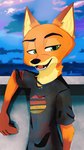 anthro clothing cloud fur green_eyes laceration male open_mouth open_smile orange_body orange_fur outside shirt sky smile solo t-shirt topwear wounded bubblecop disney zootopia nick_wilde canid canine fox mammal red_fox true_fox hi_res