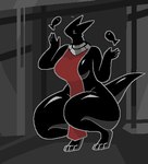 5_fingers anthro apron apron_only black_body black_tail breasts clothing female fingers kneeling neck_ring non-mammal_breasts outline red_apron red_clothing side_boob solo tail thick_thighs white_outline wide_hips psznnp mythology dragon mythological_creature mythological_scalie scalie low_res