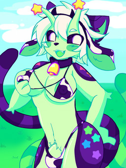 2_tails animal_print animal_print_bikini anthro areola bell bell_collar big_breasts bikini black_nose black_sclera breasts bulge clothing collar collarbone cow_print cow_print_bikini fake_cow_ears fake_ears fur genitals grass green_areola green_body green_fur gynomorph hair intersex markings multi_tail multicolored_body multicolored_fur open_mouth outside pattern_bikini pattern_clothing pattern_swimwear penis plant purple_body purple_fur short_hair solo star_(marking) swimwear tail teeth two-piece_swimsuit kingsillysmilez alien!silly_(kingsillysmilez) felid feline mammal 2025 colored colored_sketch digital_drawing_(artwork) digital_media_(artwork) hi_res shaded sketch