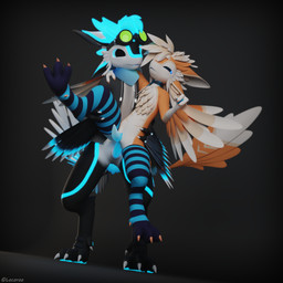 anthro clothing collar duo eyewear eyewear_on_head feathers genitals glowing goggles goggles_on_head half_naked jacket kerchief legwear male male/male penetration penis sex simple_background standing standing_sex tapering_penis thigh_highs topwear locoroo draggy_(draggysmut) kodai_(locoroo) avali avian 1:1 3d_(artwork) absurd_res blender_(artwork) digital_media_(artwork) hi_res