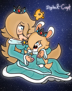 5_fingers ambiguous_gender anthro arms_bent beady_eyes black_eyes blonde_hair blue_clothing blue_dress blue_eyes breasts cleavage clothed clothed_anthro clothed_female clothed_human clothing colored_nails cosmic_background crown dress ear_piercing eyelashes featureless_limbs female female_anthro fingernails fingers fur gem glowing glowing_body glowing_hair group hair half-closed_eyes happy headgear holding_another larger_anthro larger_female larger_human light long_ears long_hair mitten_hands mouthless multicolored_body nails narrowed_eyes noseless on_lap open_mouth open_smile piercing purple_fingernails purple_nails red_tongue ruby_(gem) sapphire_(gem) sitting_on_lap size_difference smaller_ambiguous smaller_anthro smaller_female smile smiling_at_another smiling_at_each_other space space_background tan_eyelids teeth text tongue trio two_tone_body white_body white_fur yellow_body yellow_skin crazydigitalcapt mario_bros mario_plus_rabbids_sparks_of_hope nintendo raving_rabbids rayman_(series) super_mario_galaxy ubisoft rabbid_rosalina rosalina_(mario) human lagomorph luma mammal rabbid 2023 artist_name colored crossover digital_drawing_(artwork) digital_media_(artwork) english_description english_text hi_res lighting shaded