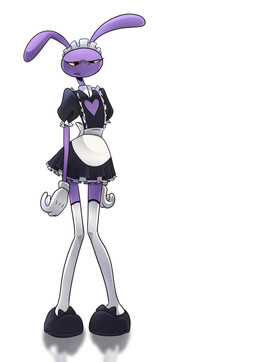 4_fingers annoyed anthro bent_legs clothed clothing crossdressing ears_down eyelashes fingers heart_symbol long_eyelashes maid_headdress maid_uniform male pivoted_ears reflection simple_background slouching solo standing thousand_yard_stare uniform white_void screaming_alice glitch_productions the_amazing_digital_circus jax_(tadc) lagomorph leporid mammal rabbit absurd_res hi_res