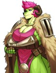 armor blue_eyes bracers breasts cape cleavage clothed clothing female green_body hair horn pink_hair simple_background solo white_background sotcho mythology dragon mythological_creature mythological_scalie scalie 2022 absurd_res hi_res portrait three-quarter_portrait