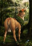 akurah_(lunarpearl10) antlers balls big_balls black_nose deer feral fur genitals hi_res horn looking_at_viewer male mammal mouth_closed orange_body orange_eyes orange_fur outside plant rufciu shrub solo spotted_back tan_antlers tan_balls tan_body tan_fur tan_spots tree