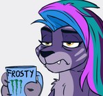 amber_eyes container cup fangs female feral fur hair multicolored_hair purple_body purple_fur simple_background solo teeth white_background rutkotka hasbro mlp_g5 monster_energy my_little_pony allura_(mlp) felid mammal pantherine snow_leopard reaction_image