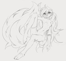 anthro areola biped breasts claws feet female fingers front_view fur genitals hair looking_at_viewer navel nipples piercing simple_background solo tail tattoo toes vulva tinygaypirate apogee_(tinygaypirate) canid canine canis domestic_dog mammal 2026 absurd_res digital_drawing_(artwork) digital_media_(artwork) hi_res