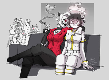 accessory apron arm_around_shoulders arm_hair black_hair black_horn blush body_hair bottomwear breasts cigarette cleavage clothed clothing collar cross cross_necklace crossed_legs ear_piercing eyeliner eyewear facial_piercing fangs female fingerless_gloves food furniture gloves grey_background group hair hair_accessory hair_ribbon halo handwear heart_symbol holding_cigarette holding_object holding_plate horn hug jewelry jumping lip_piercing long_hair looking_ahead looking_at_another makeup male necklace nose_piercing not_furry_focus open_mouth pancake pants piercing plate red_eyes ribbons shirt short_hair simple_background sitting smile smoke smoking sofa standing sunglasses teeth topwear za1f0n helltaker azazel_(helltaker) cerberus_(helltaker) protagonist_(helltaker) zdrada_(helltaker) angel angel_humanoid animal_humanoid canid canid_humanoid canine canine_humanoid demon demon_humanoid dog_humanoid human humanoid mammal mammal_humanoid 2020 hi_res monochrome signature