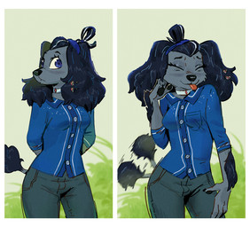 4_fingers accessory anthro arm_tuft biped black_hair black_nose blep blue_eyes border bottomwear choker clothed clothed_anthro clothed_female clothing collared_shirt denim denim_bottomwear denim_clothing dipstick_tail dress_shirt eyebrows eyelashes eyes_closed female female_anthro fingers fully_clothed fully_clothed_anthro fully_clothed_female fur grey_body grey_fur hair hair_accessory hand_on_hair hands_behind_back highlights_(coloring) iris jeans jewelry long_hair long_sleeves looking_aside looking_at_viewer markings motion_blur motion_lines necklace pants pawpads philtrum pupils shirt simple_background snout solo tail tail_markings tail_motion tail_tuft tailwag tongue tongue_out topwear tuft white_border white_highlights ruffu lini_(ruffu) canid canine mammal digital_drawing_(artwork) digital_media_(artwork)